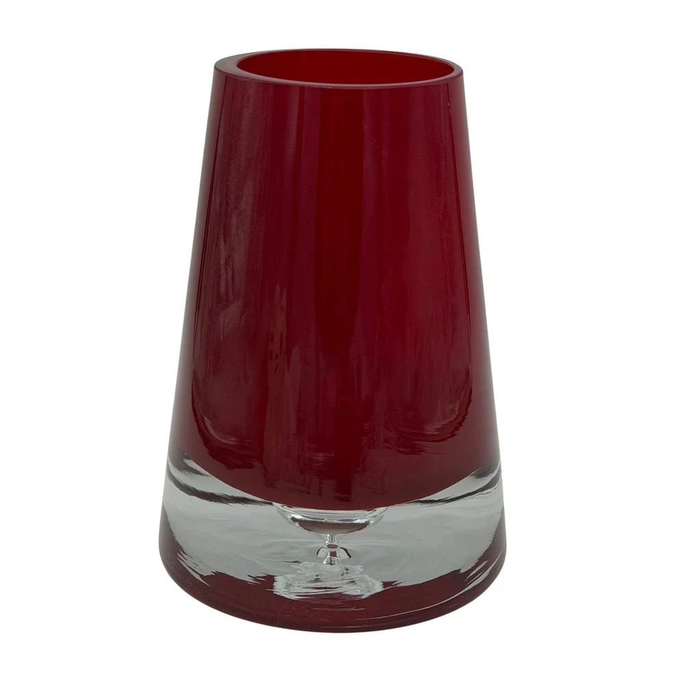 Vtg Ruby Red Art Glass Vase Heavy Clear Mid-Century Modern 7in Erickson Style